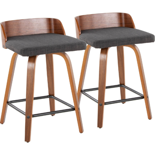Maya 24" Swivel Counter Stool in Walnut Wood & Charcoal Fabric with Black Footrest (Set of 2)